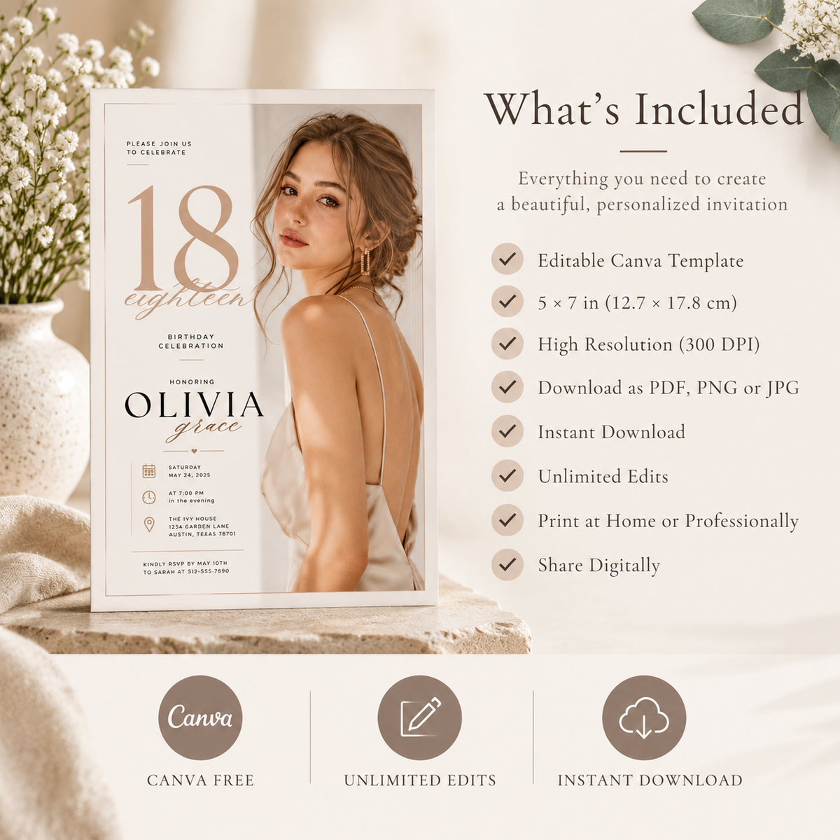 18th Birthday Invitation - Cream & Rose Gold