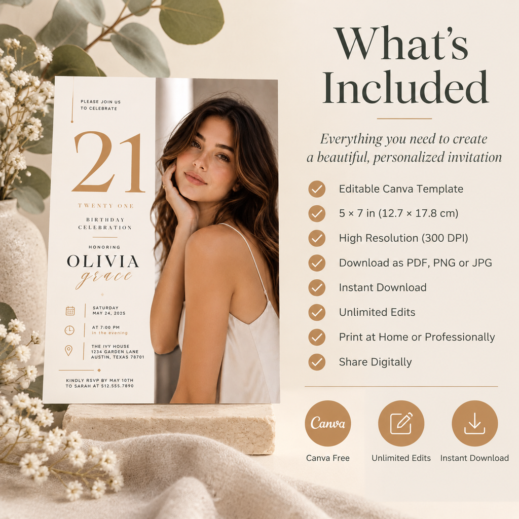 21st Birthday Invitation – Cream & Gold
