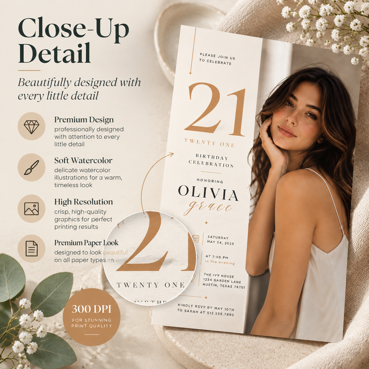 21st Birthday Invitation – Cream & Gold