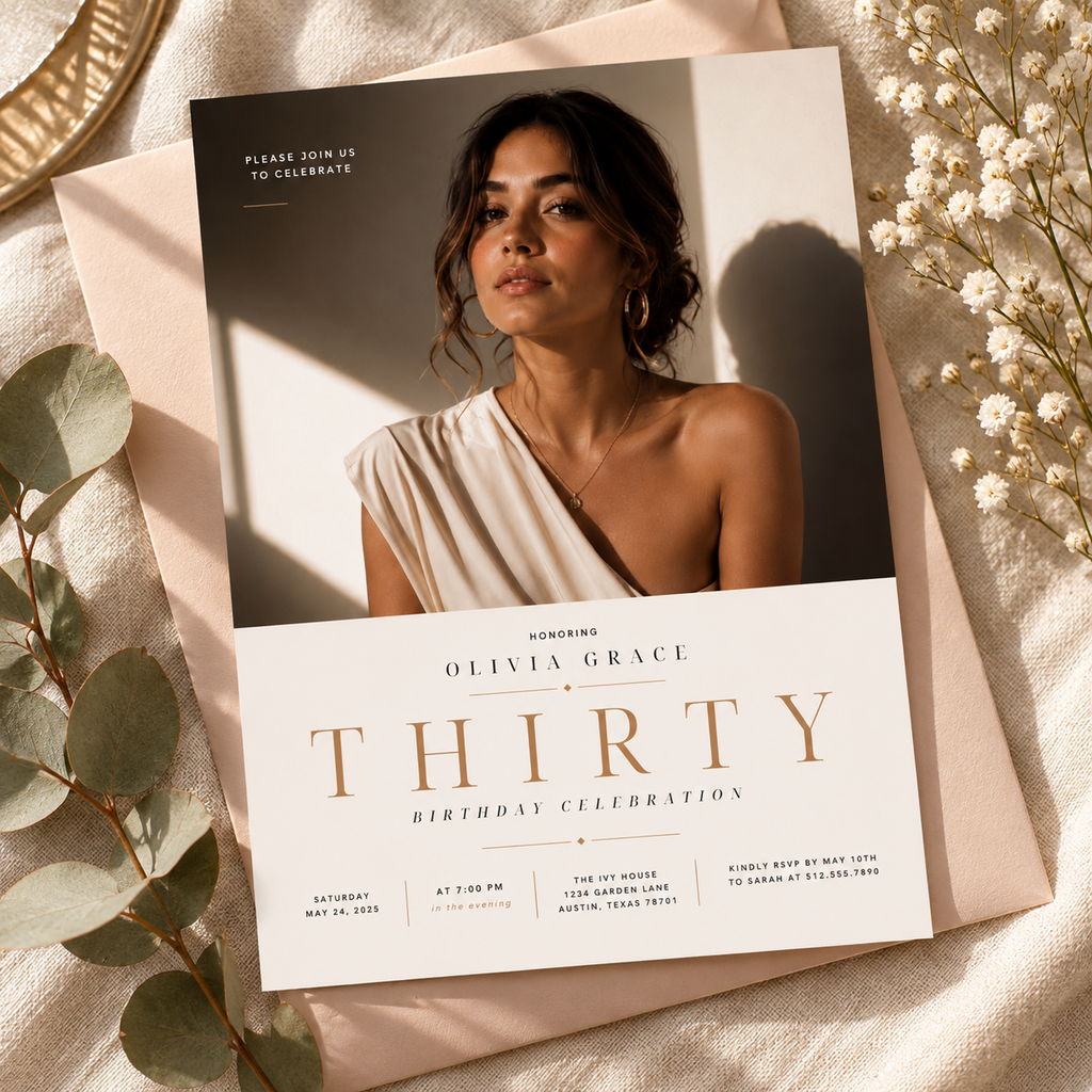 Hero: Milestone 30th Birthday Invitation – Black and Ivory, elegant editable Canva invitation