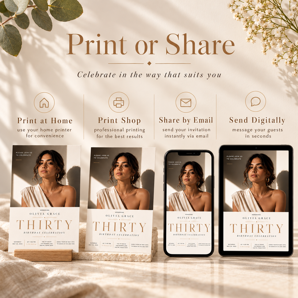 Print or Share: Milestone 30th Birthday Invitation Black and Ivory, print at home or share digitally