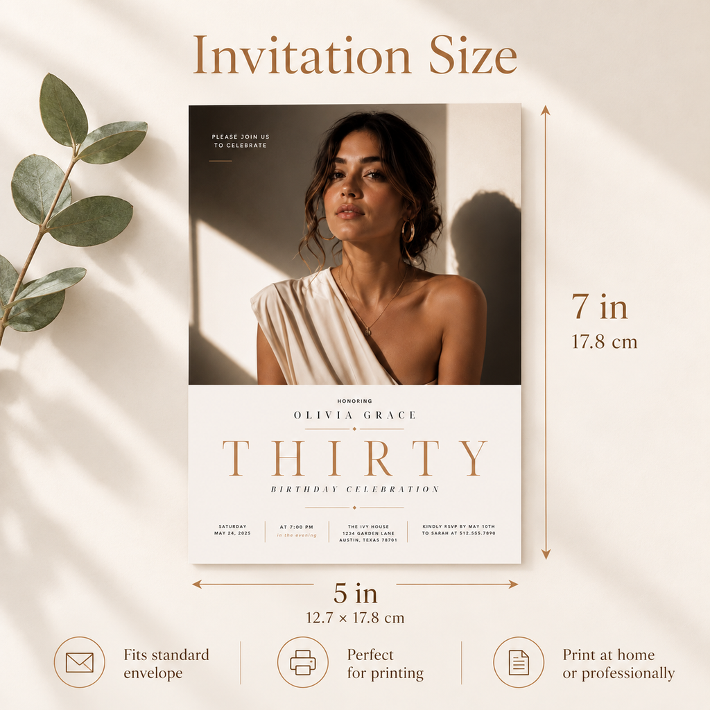 Size: Milestone 30th Birthday Invitation Black and Ivory, 5x7 inch size guide