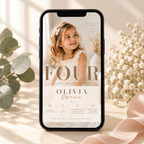Phone: Elegant 4th Birthday Invitation Beige and Gold shown on a phone screen