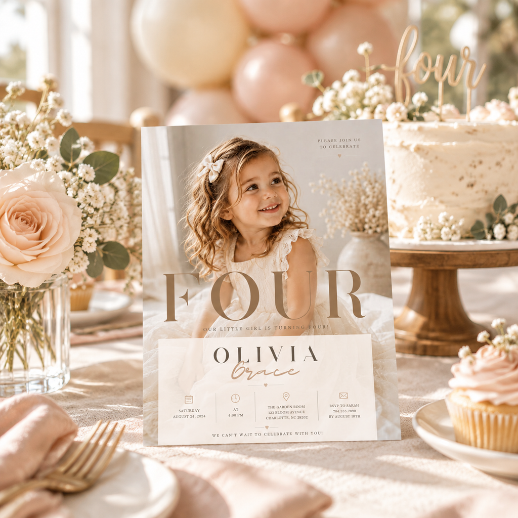 Styled: Elegant 4th Birthday Invitation Beige and Gold in a stylish fourth birthday party setting
