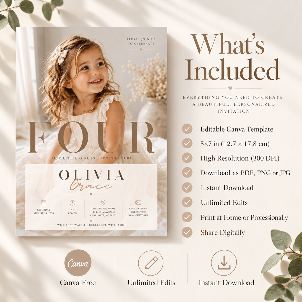 What’s Included: What’s included with the Elegant 4th Birthday Invitation Beige and Gold