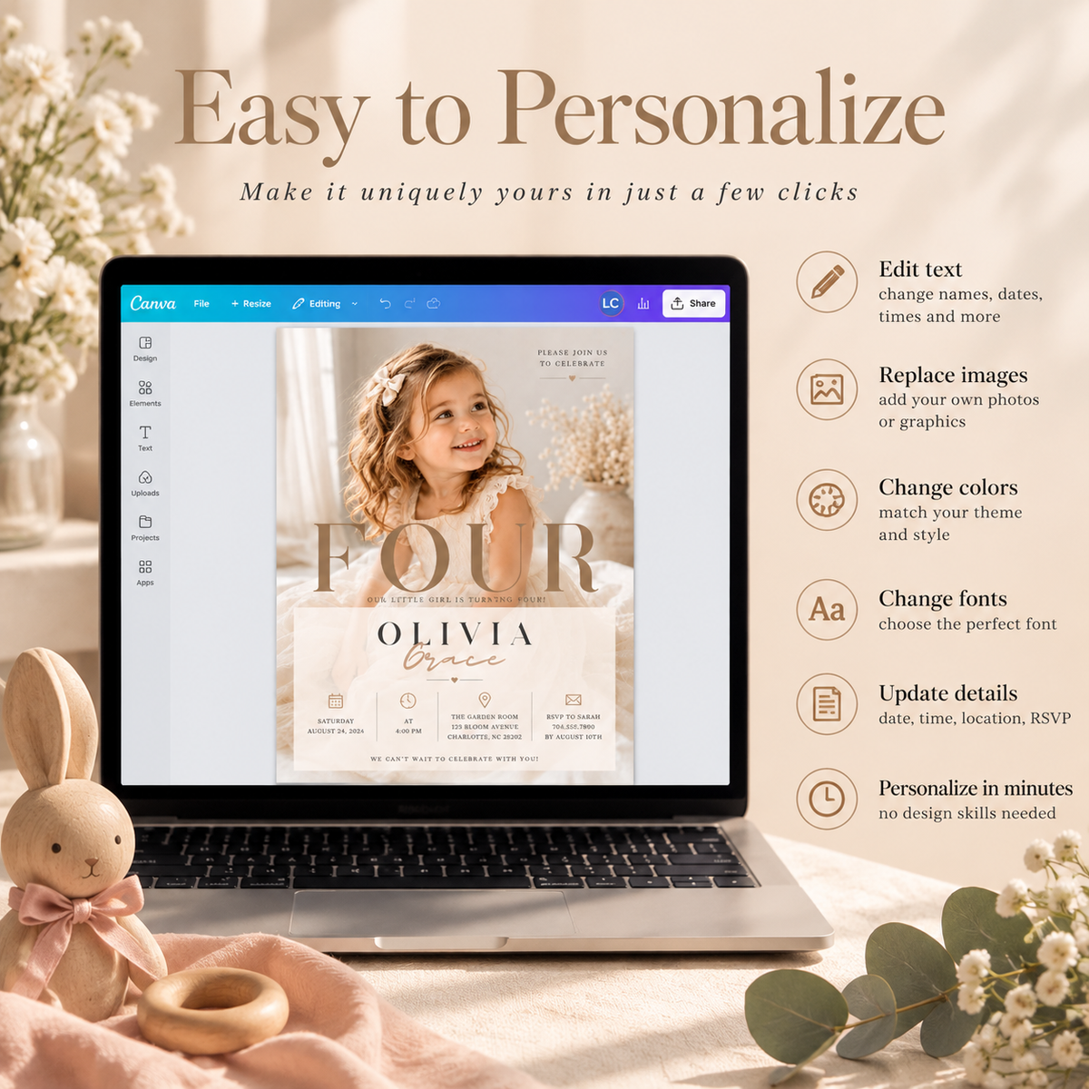 Easy to Personalize: Editing the Elegant 4th Birthday Invitation Beige and Gold in Canva