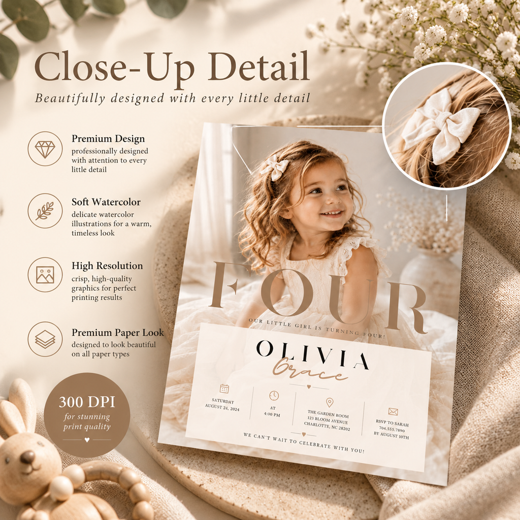 Close-up: Close-up detail of the Elegant 4th Birthday Invitation Beige and Gold design