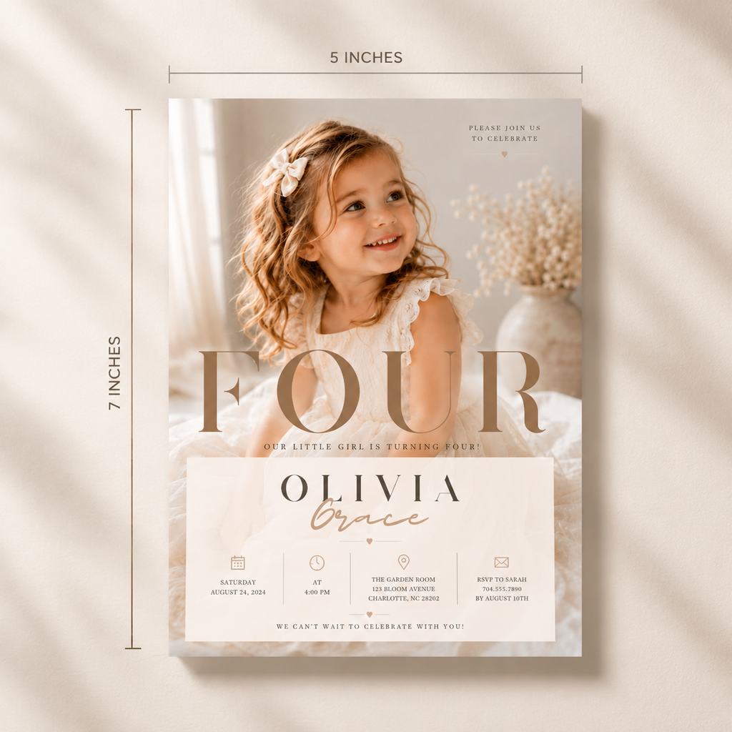 Size: Elegant 4th Birthday Invitation Beige and Gold, 5x7 inch size guide