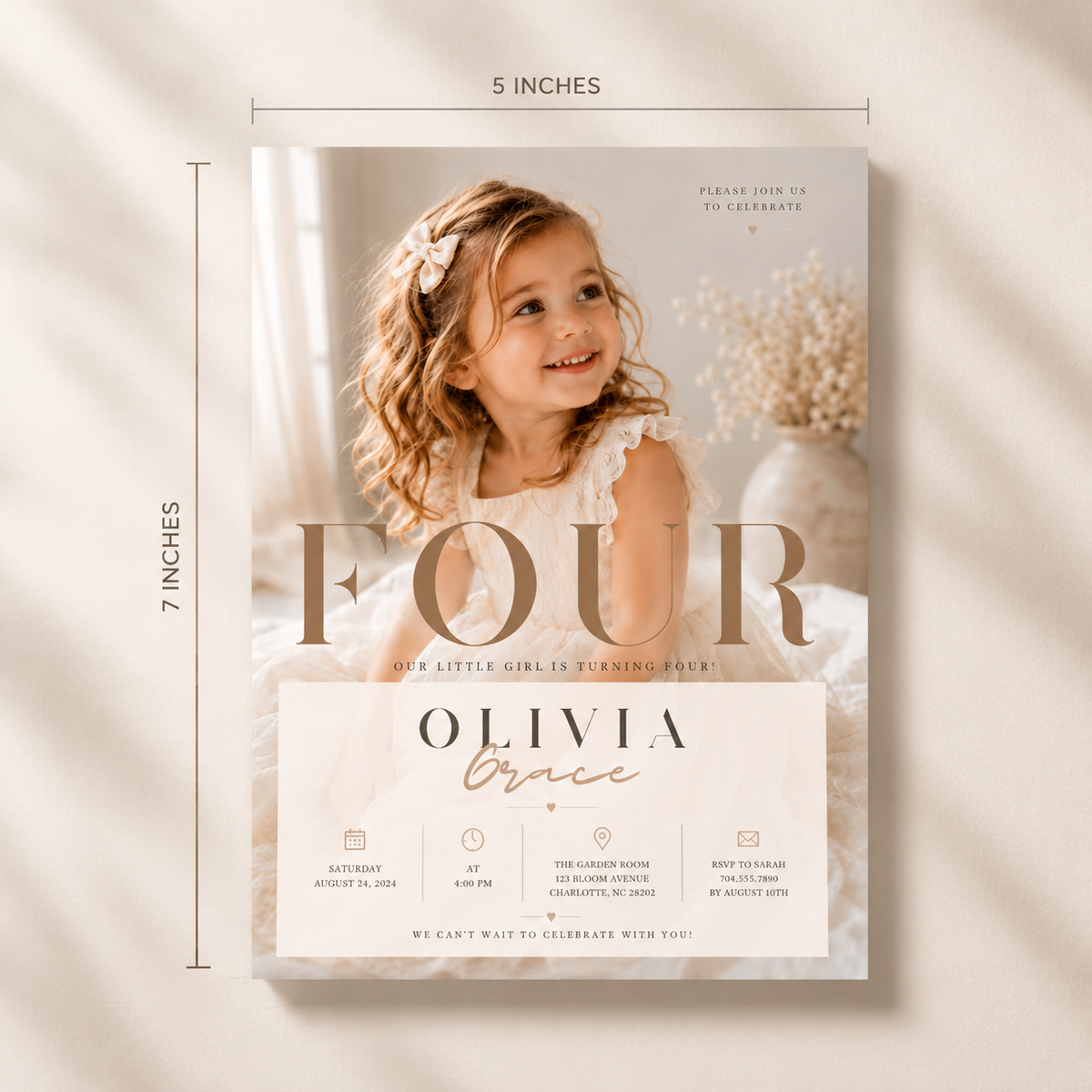 Size: Elegant 4th Birthday Invitation Beige and Gold, 5x7 inch size guide