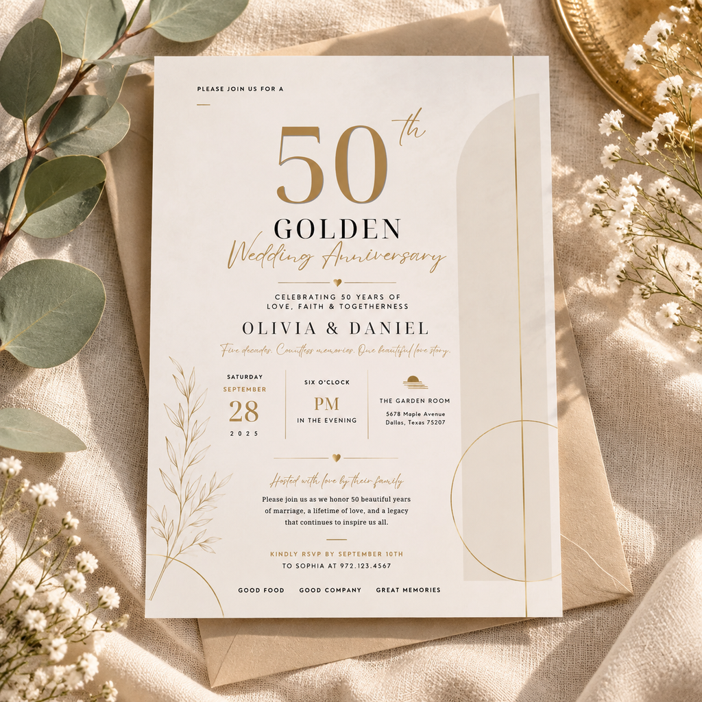 50th Golden Wedding Anniversary Invitation - Cream and Gold