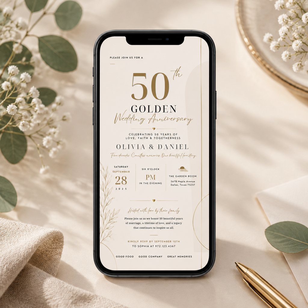 50th Golden Wedding Anniversary Invitation - Cream and Gold