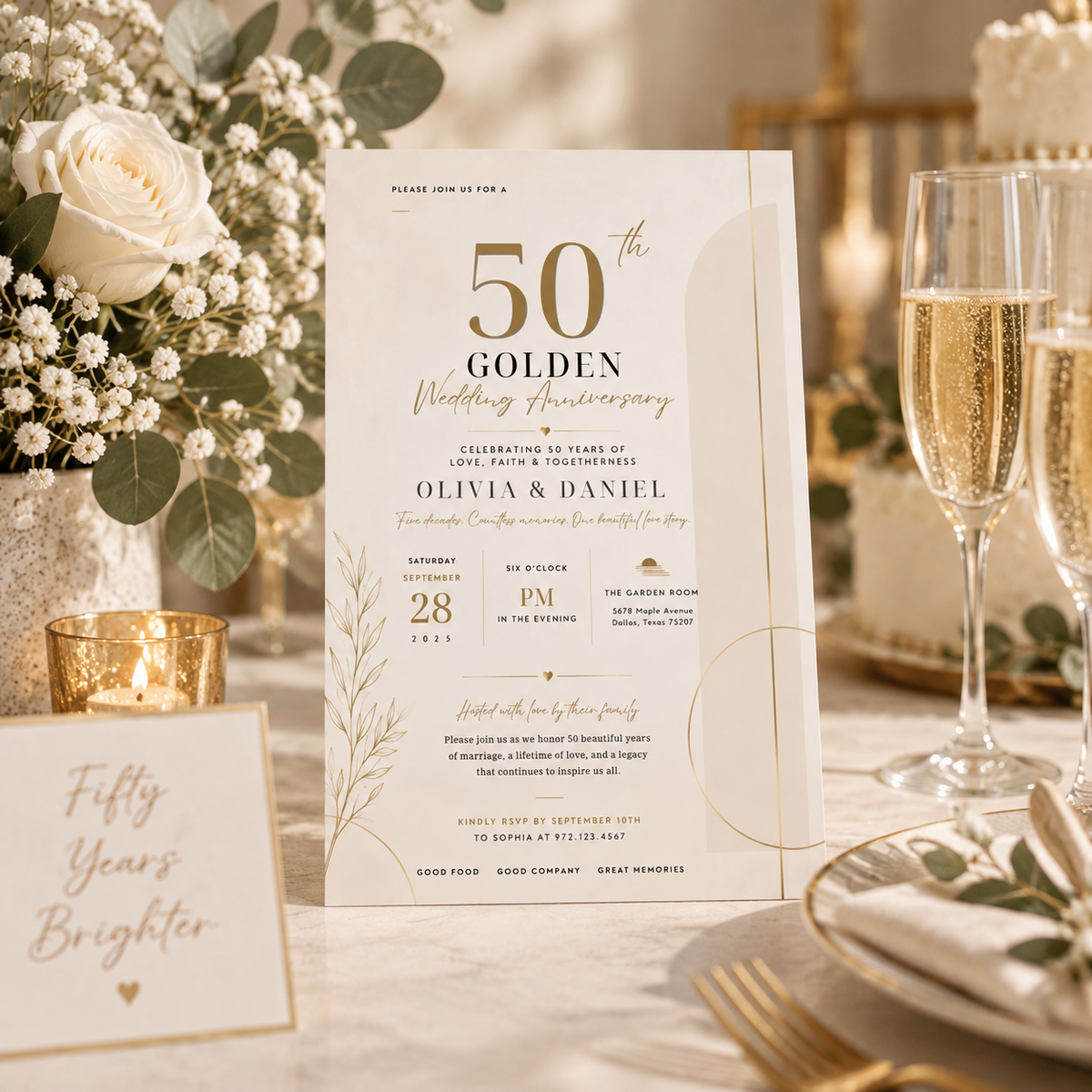 50th Golden Wedding Anniversary Invitation - Cream and Gold
