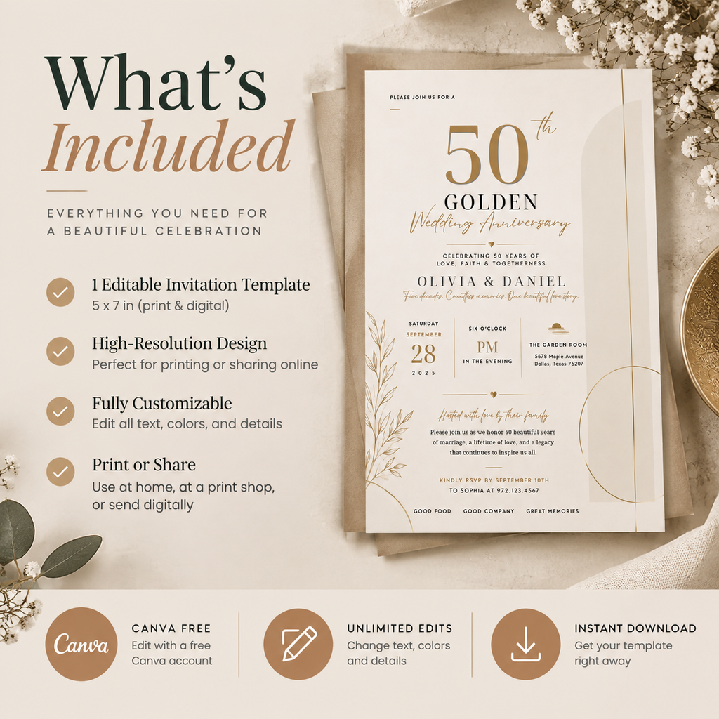 50th Golden Wedding Anniversary Invitation - Cream and Gold