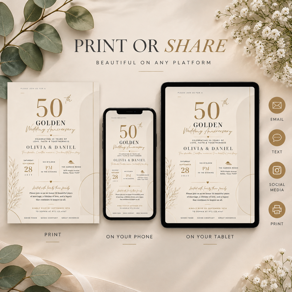 50th Golden Wedding Anniversary Invitation - Cream and Gold