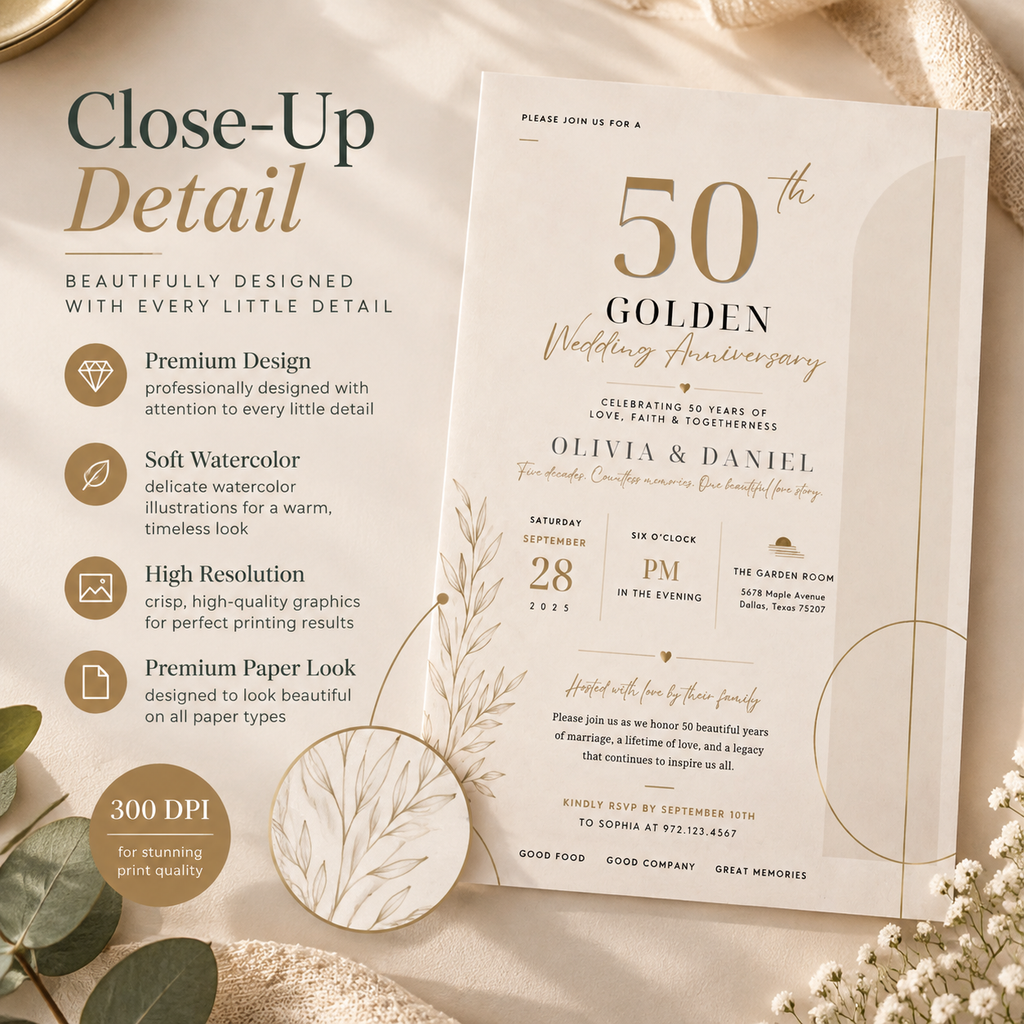 50th Golden Wedding Anniversary Invitation - Cream and Gold
