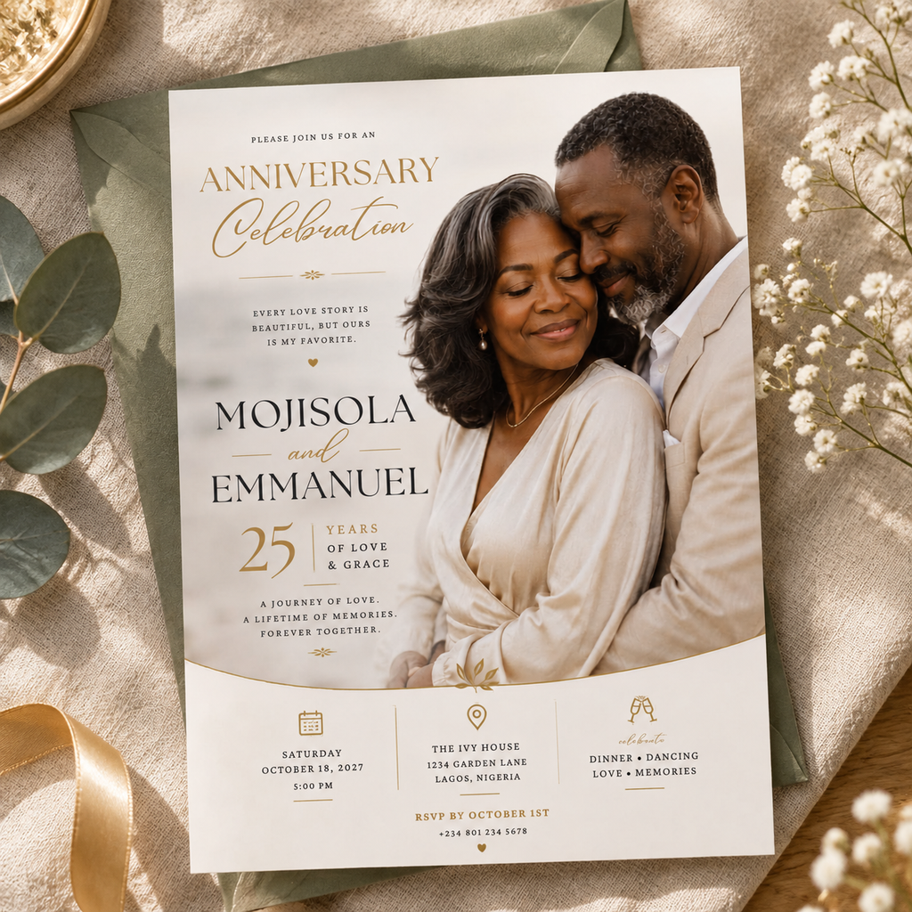 Hero: Anniversary and Wedding Invitation – Beige and Gold, elegant editable Canva invitation