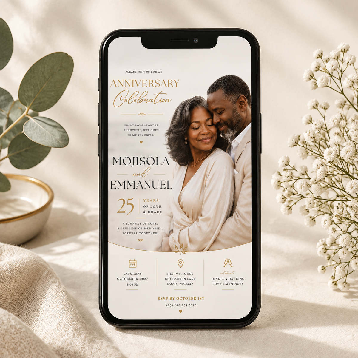 Phone: Anniversary and Wedding Invitation Beige and Gold shown on a phone screen