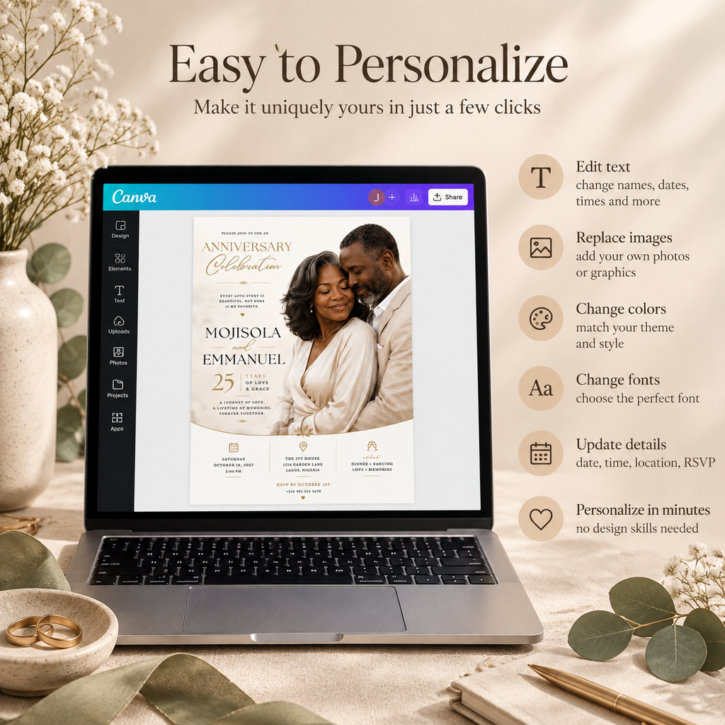 Easy to Personalize: Editing the Anniversary and Wedding Invitation Beige and Gold in Canva