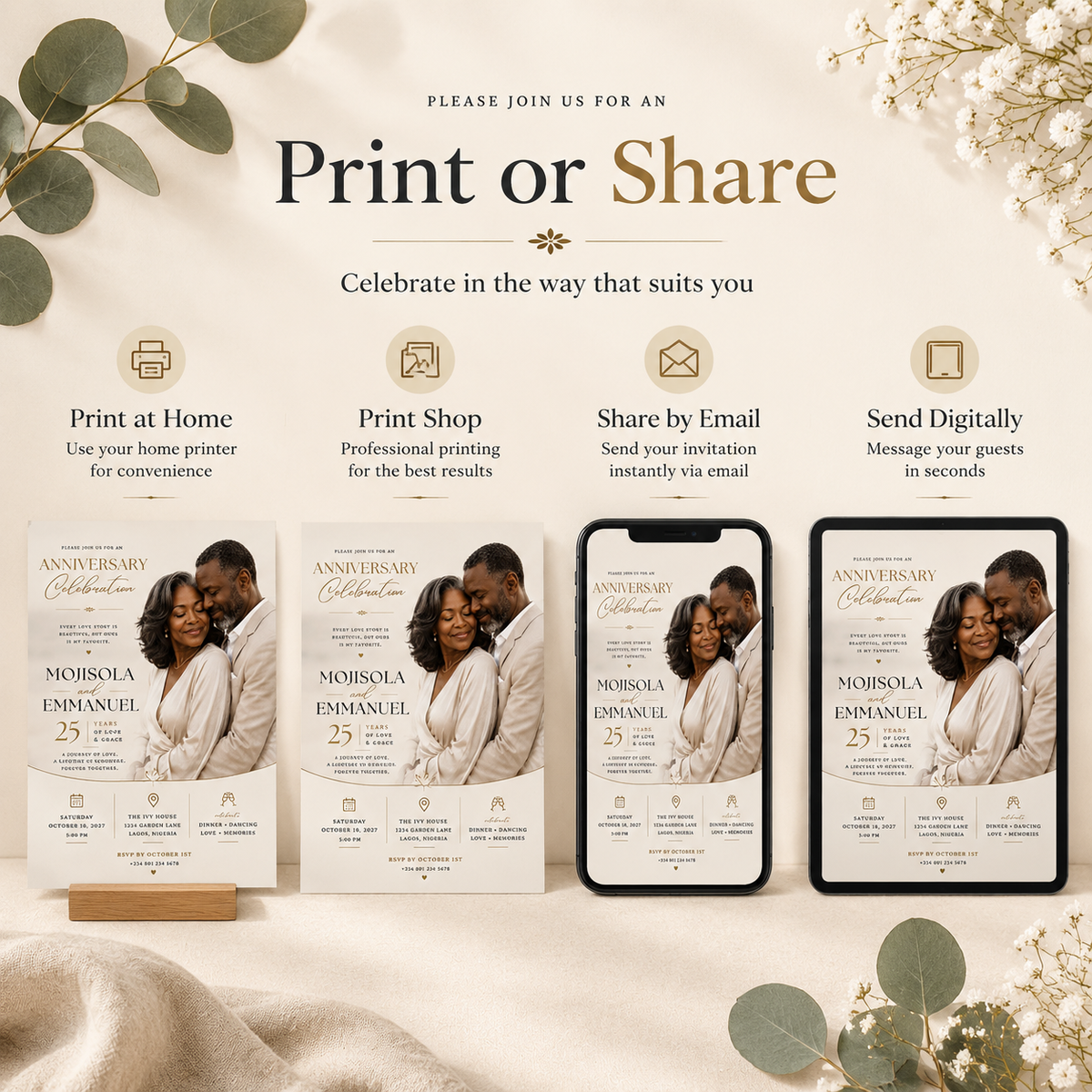 Print or Share: Anniversary and Wedding Invitation Beige and Gold, print at home or share digitally