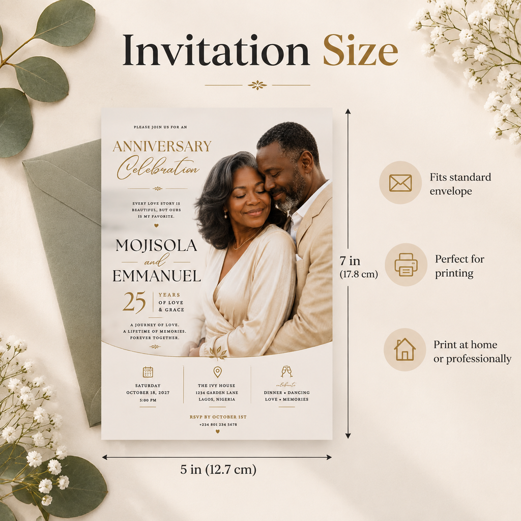Size: Anniversary and Wedding Invitation Beige and Gold, 5x7 inch size guide
