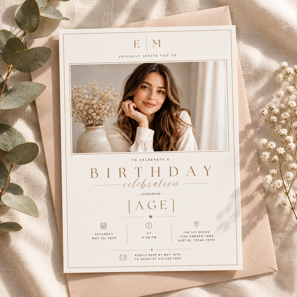 Any Age Birthday Invitation - Beige and Gold