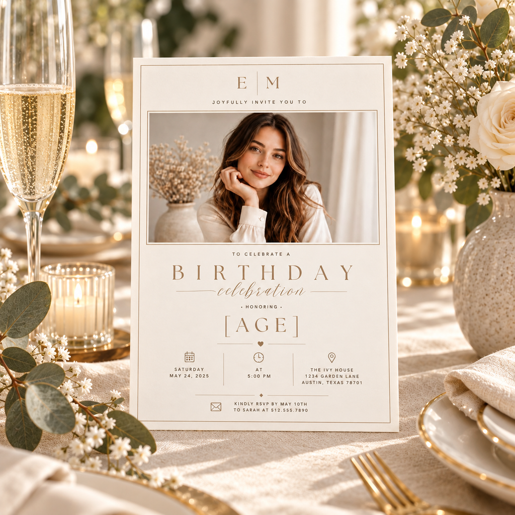 Any Age Birthday Invitation - Beige and Gold