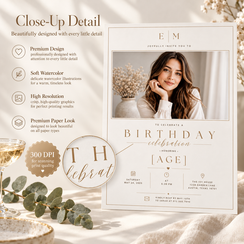 Any Age Birthday Invitation - Beige and Gold