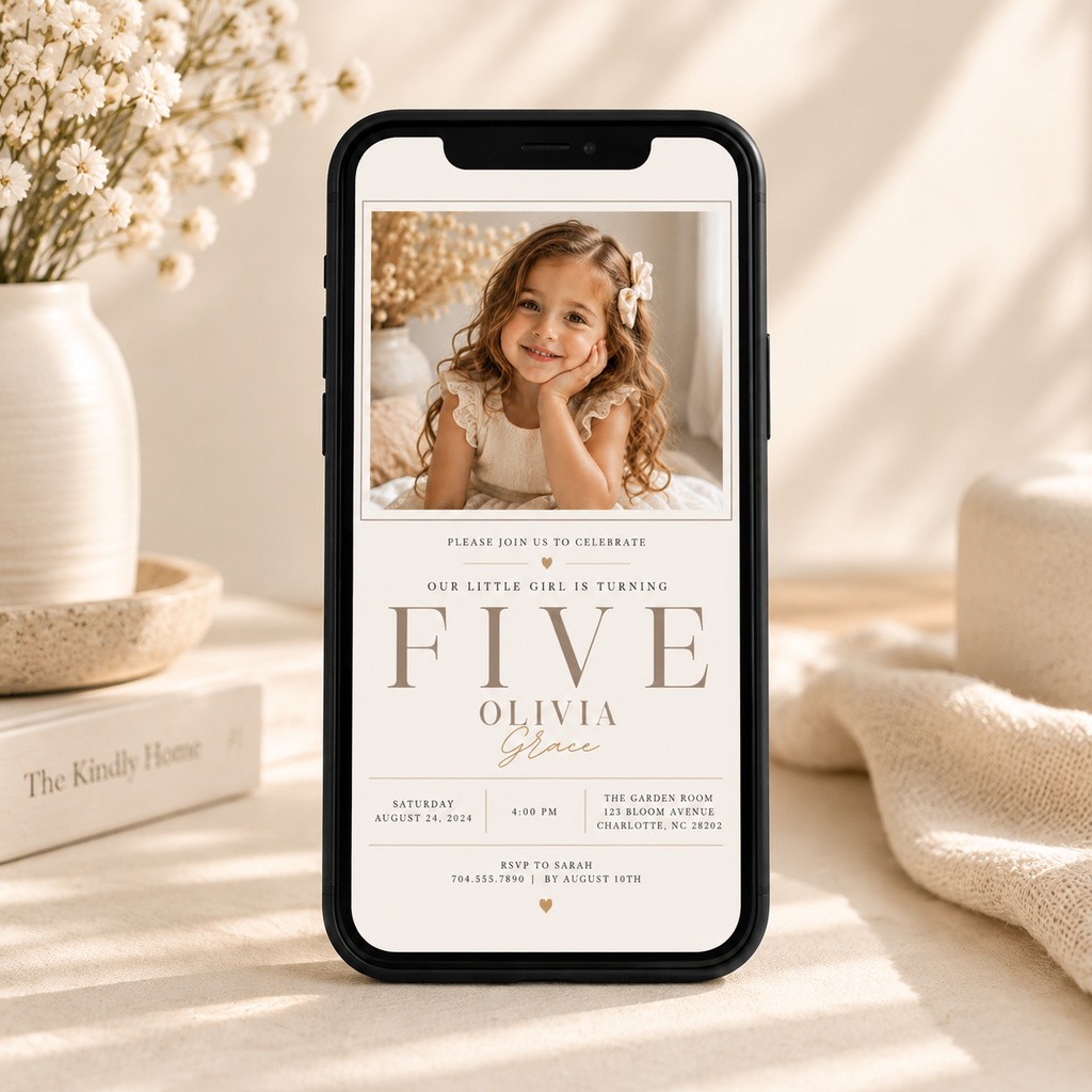 Phone: Little Baby 5 Year Old Party Invite shown on a phone screen