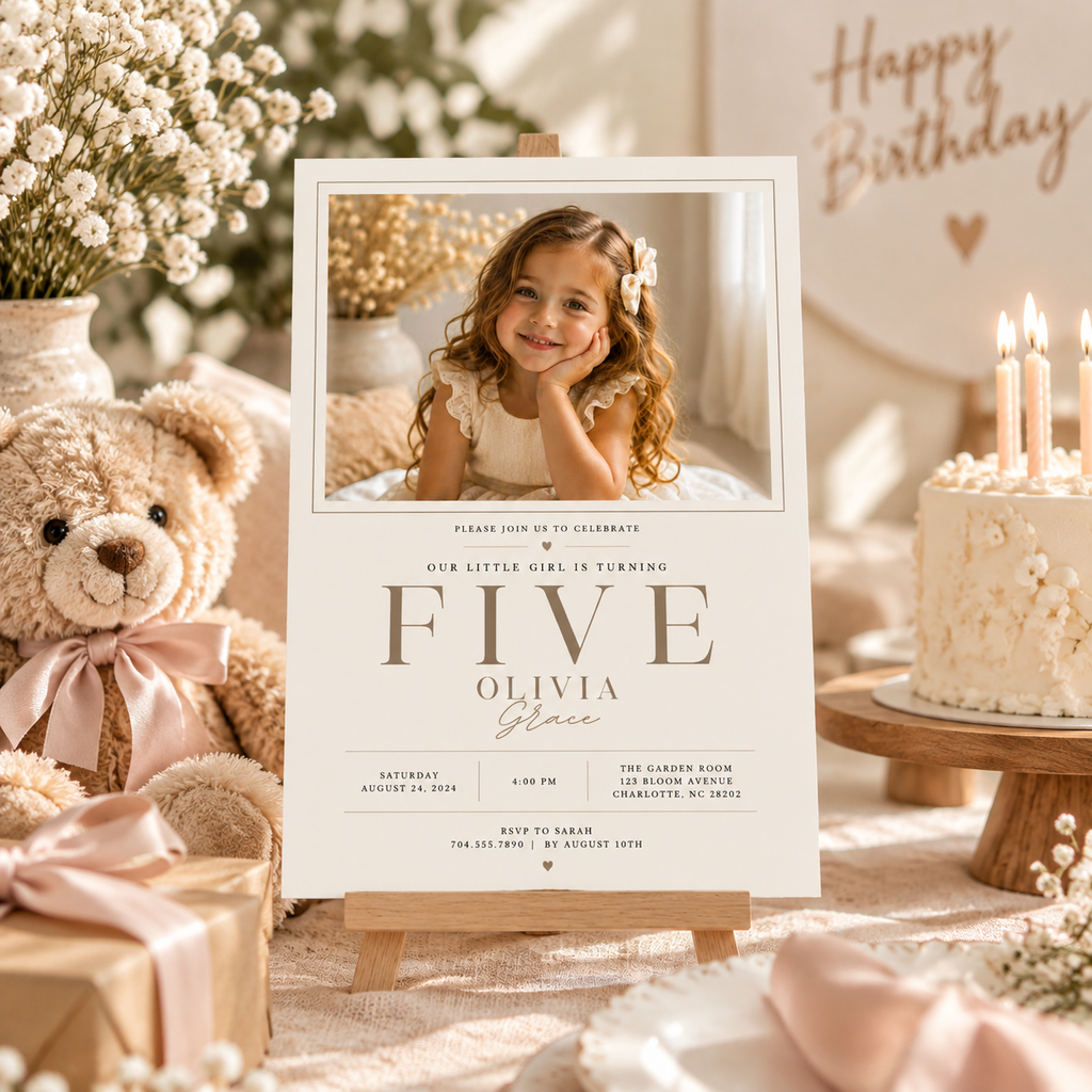 Styled: Little Baby 5 Year Old Party Invite in a cute fifth birthday party setting