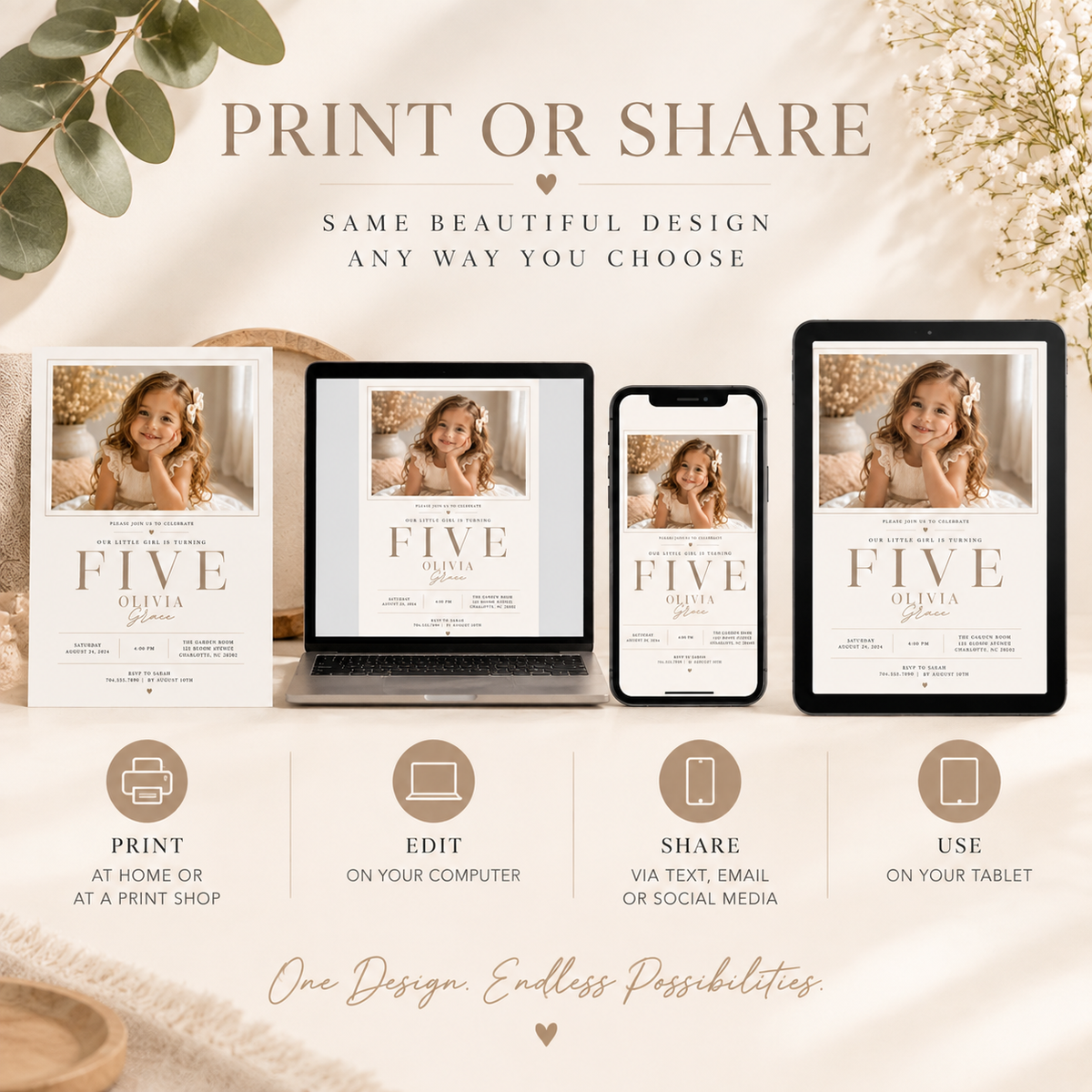 Print or Share: Little Baby 5 Year Old Party Invite, print at home or share digitally