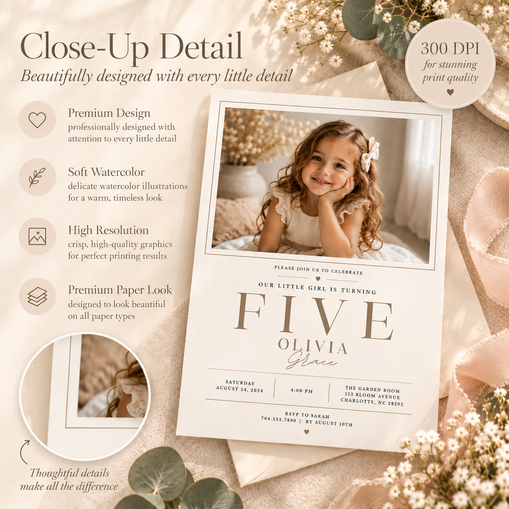 Close-up: Close-up detail of the Little Baby 5 Year Old Party Invite design