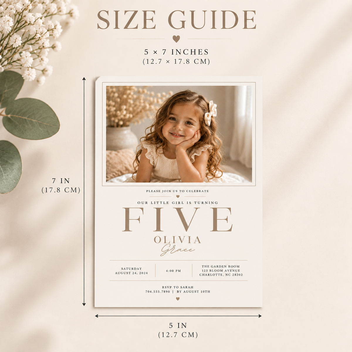 Size: Little Baby 5 Year Old Party Invite, 5x7 inch size guide