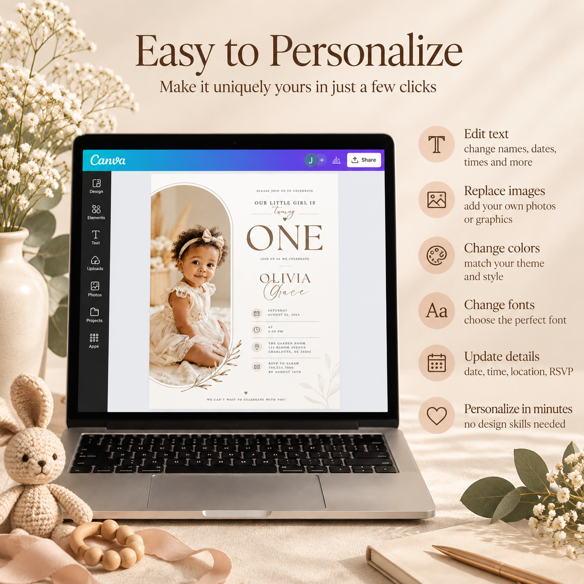 Easy to Personalize: Editing the Little Baby 1 Year Old Party Invite in Canva