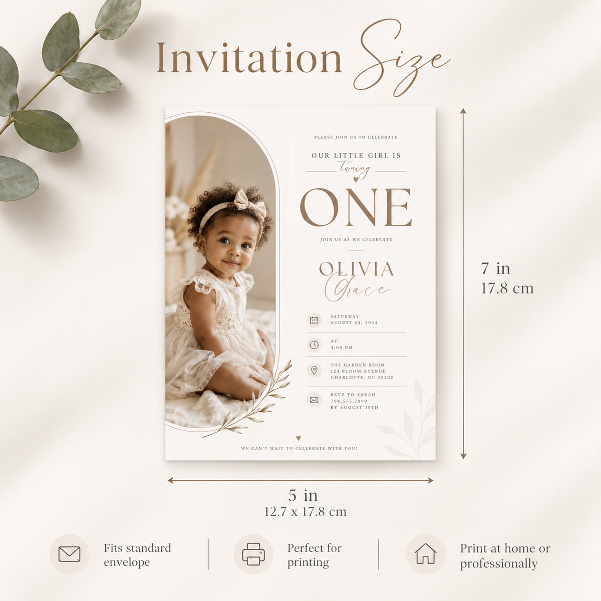 Size: Little Baby 1 Year Old Party Invite, 5x7 inch size guide
