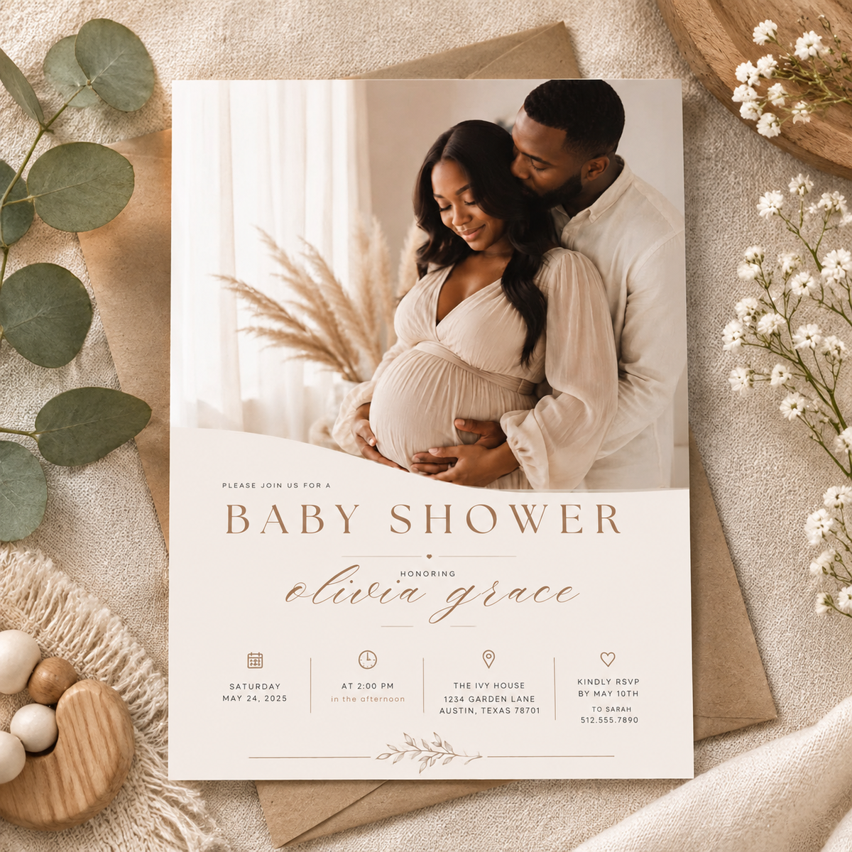 Hero: Baby Shower Invitation – Cream and Rose Gold, elegant editable Canva invitation