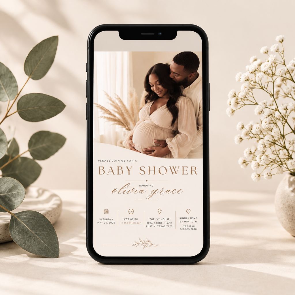 Phone: Baby Shower Invitation Cream and Rose Gold shown on a phone screen