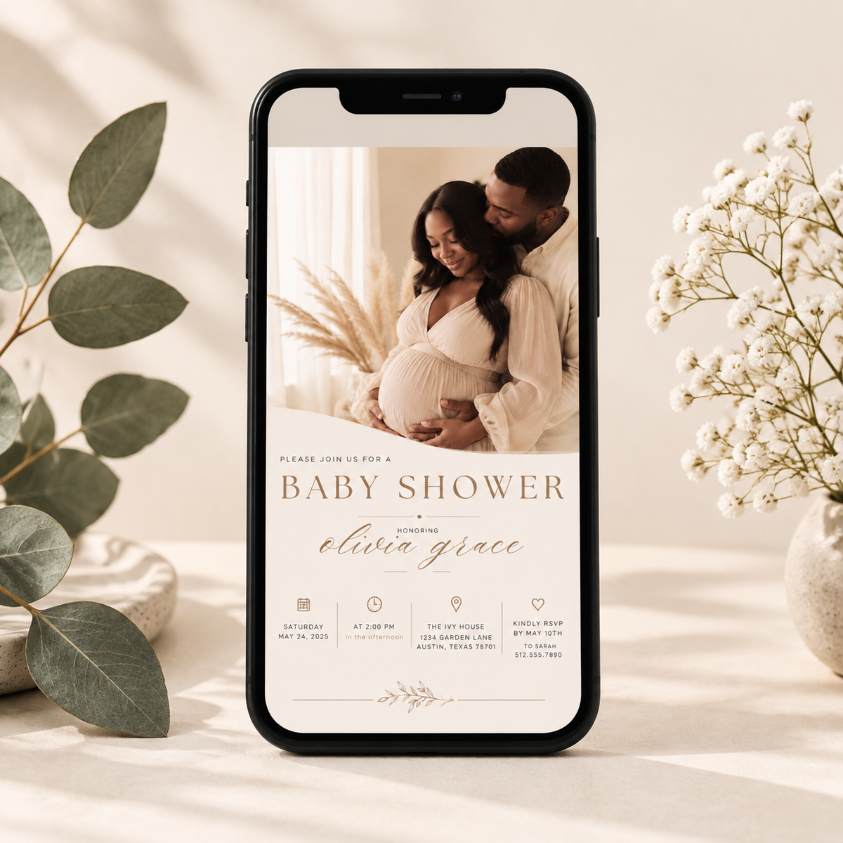 Phone: Baby Shower Invitation Cream and Rose Gold shown on a phone screen