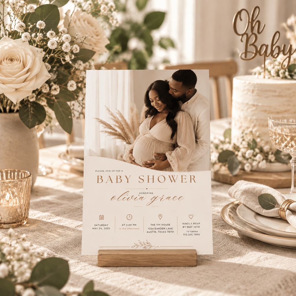 Styled: Baby Shower Invitation Cream and Rose Gold in a soft and charming baby shower setting