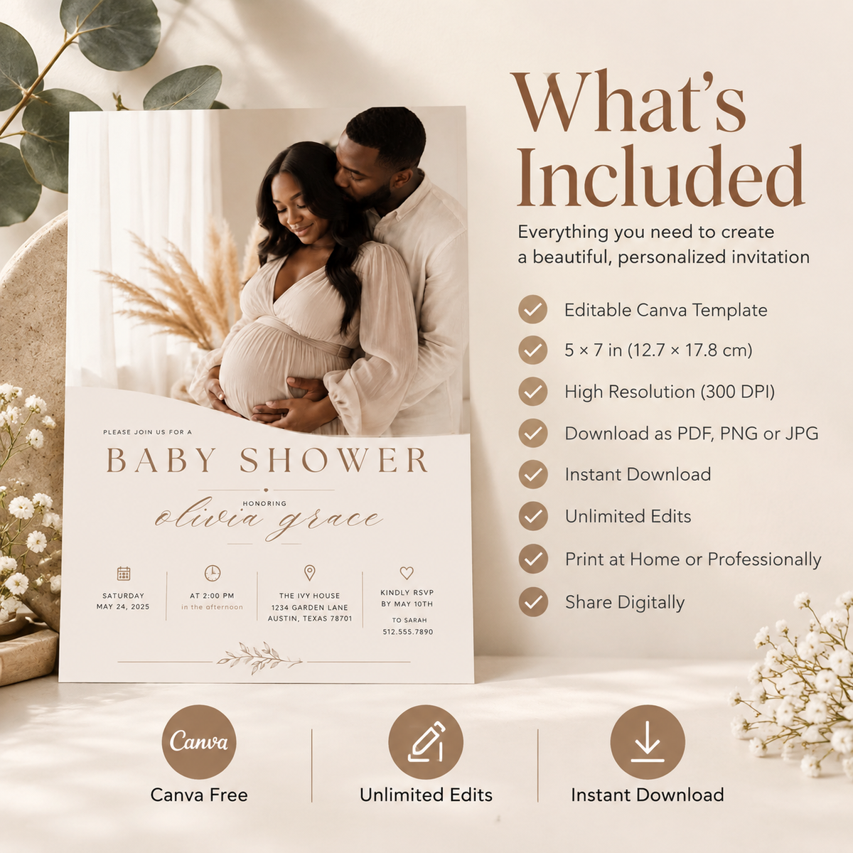 What’s Included: What’s included with the Baby Shower Invitation Cream and Rose Gold