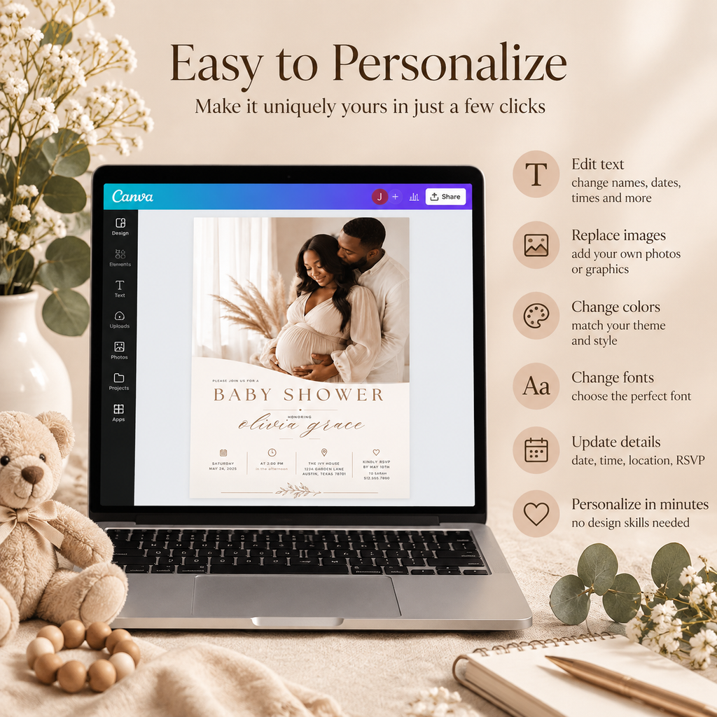 Easy to Personalize: Editing the Baby Shower Invitation Cream and Rose Gold in Canva