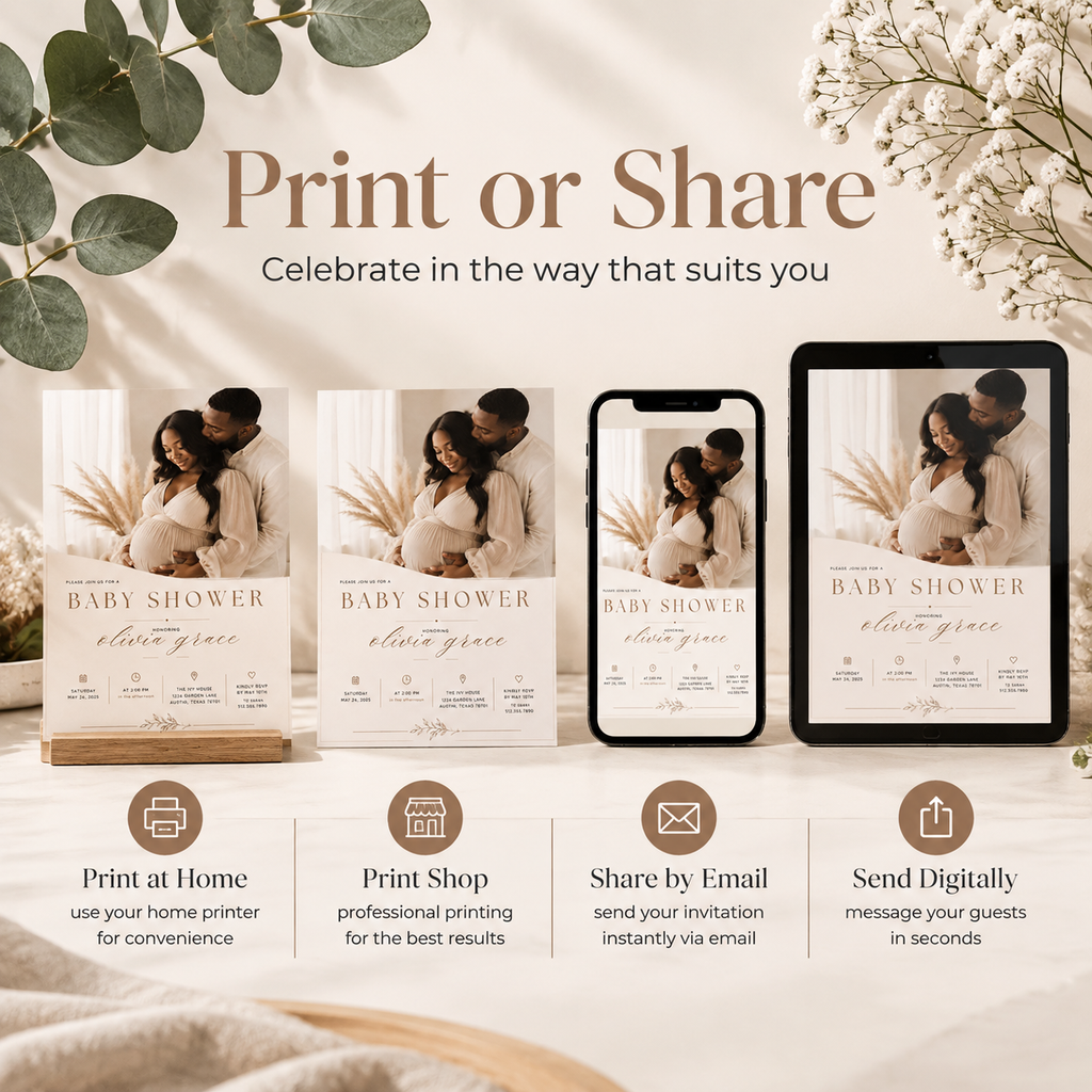 Print or Share: Baby Shower Invitation Cream and Rose Gold, print at home or share digitally