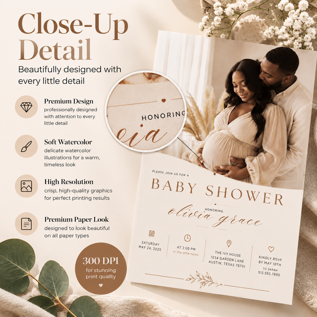 Close-up: Close-up detail of the Baby Shower Invitation Cream and Rose Gold design