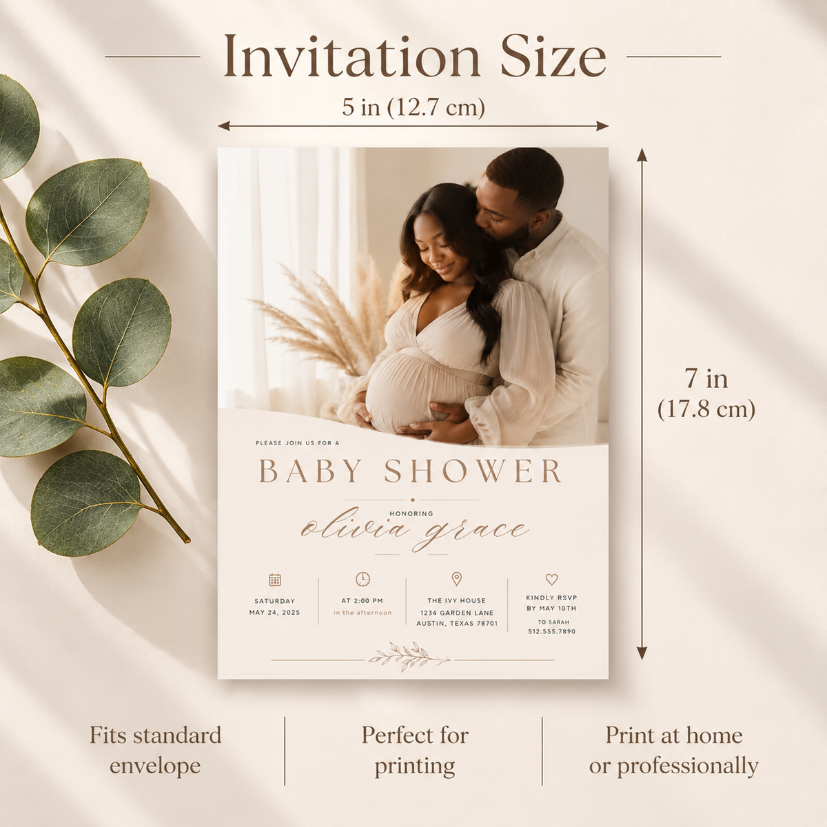 1. Size: Baby Shower Invitation Cream and Rose Gold, 5x7 inch size guide