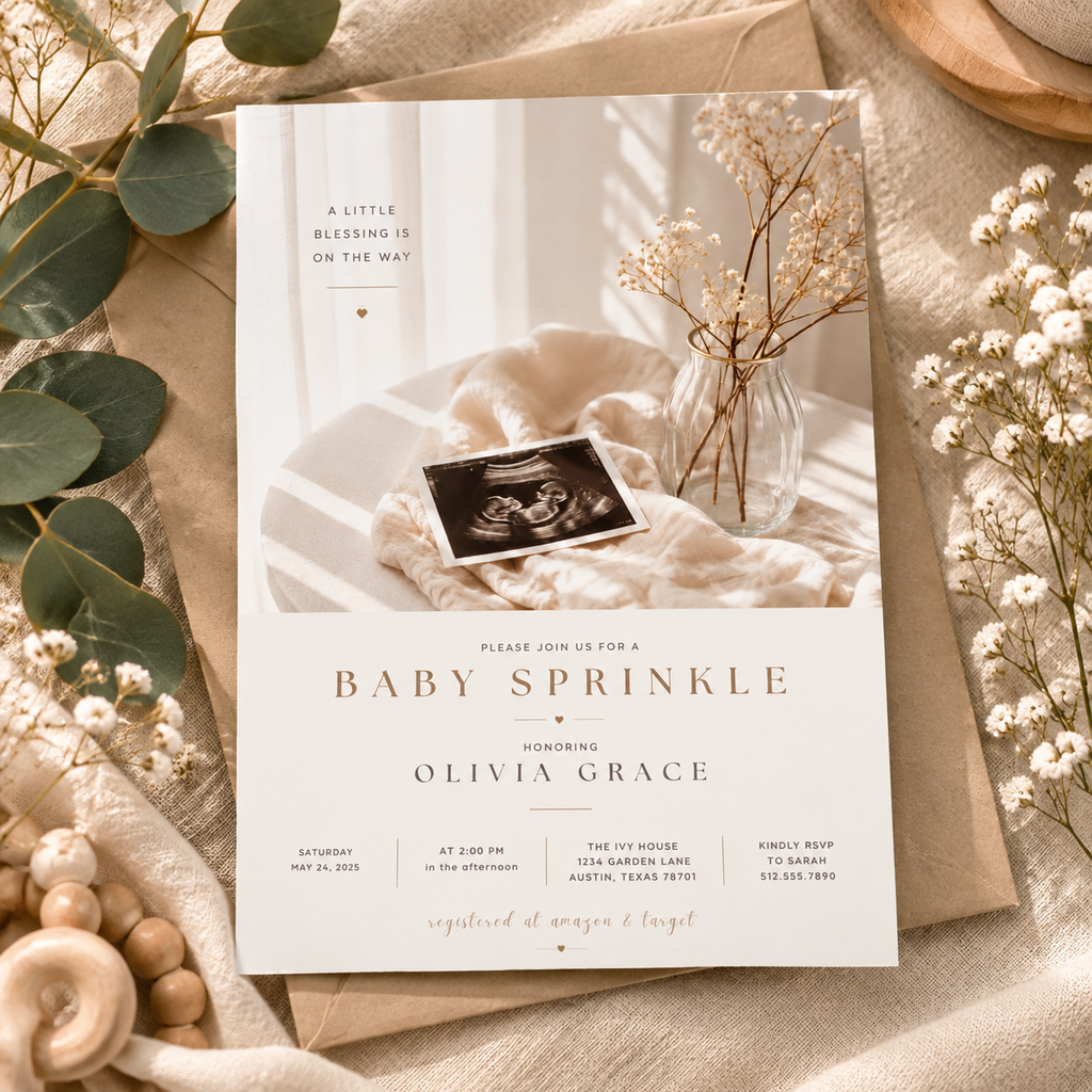 Hero: Baby Sprinkle Invitation – Cream and Rose Gold, elegant editable Canva invitation