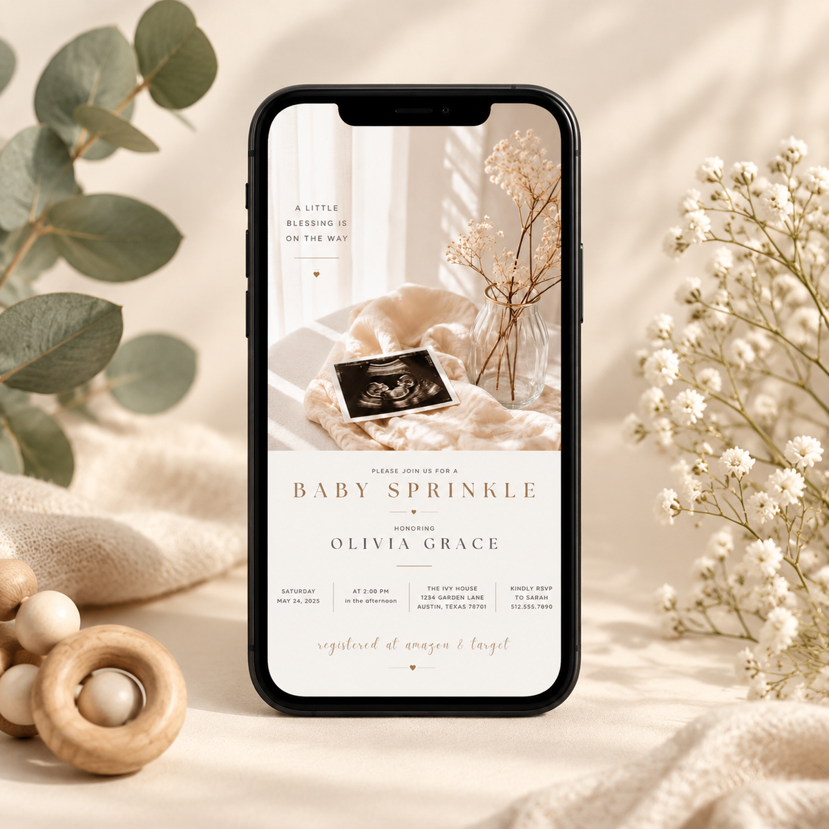 Phone: Baby Sprinkle Invitation Cream and Rose Gold shown on a phone screen