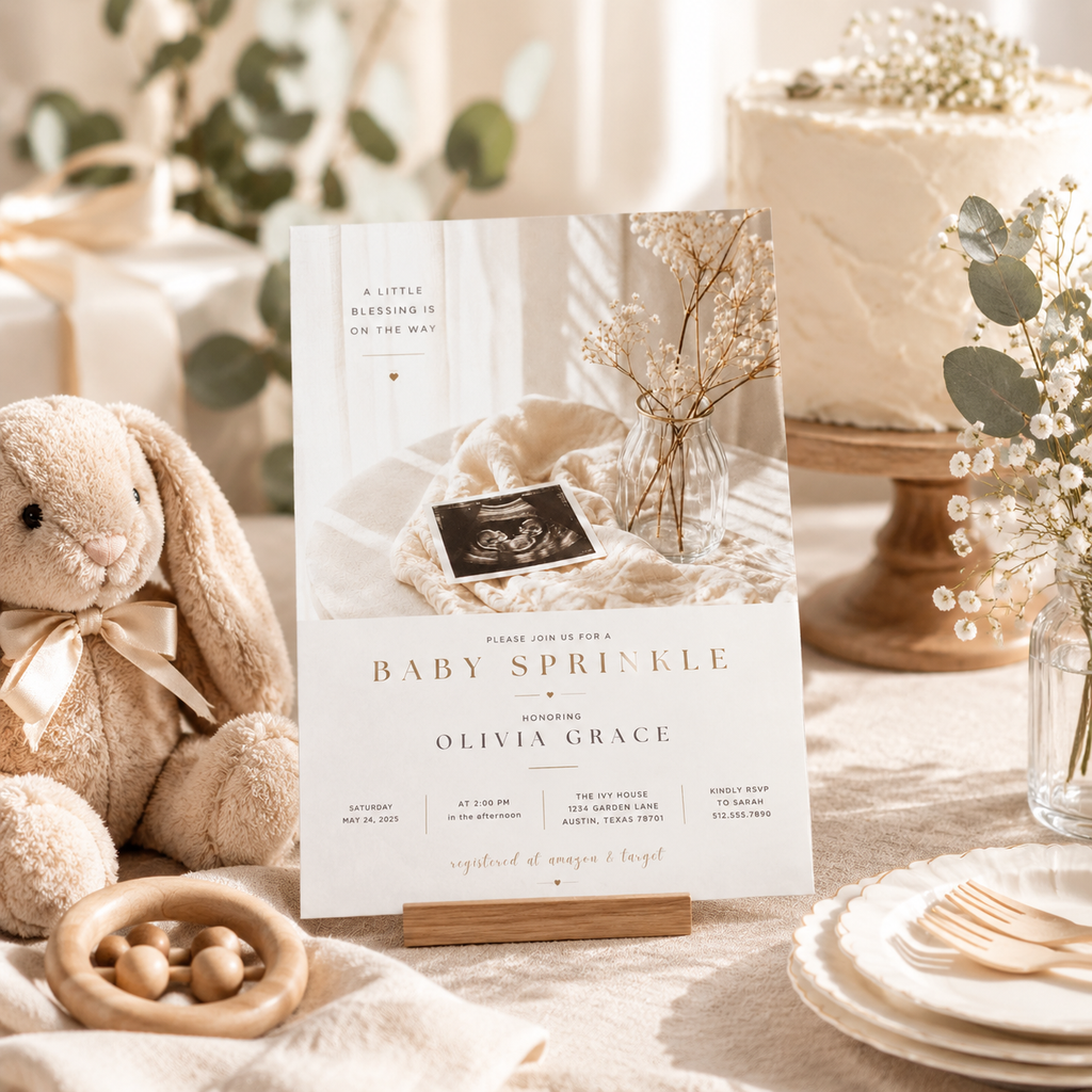 Styled: Baby Sprinkle Invitation Cream and Rose Gold in a soft and charming baby sprinkle setting