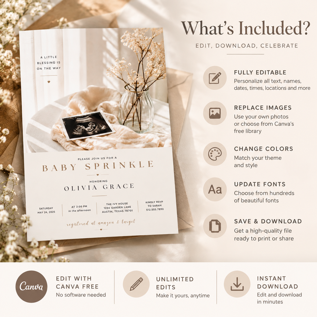 What’s Included: What’s included with the Baby Sprinkle Invitation Cream and Rose Gold