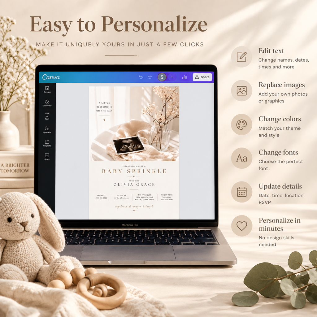 Easy to Personalize: Editing the Baby Sprinkle Invitation Cream and Rose Gold in Canva