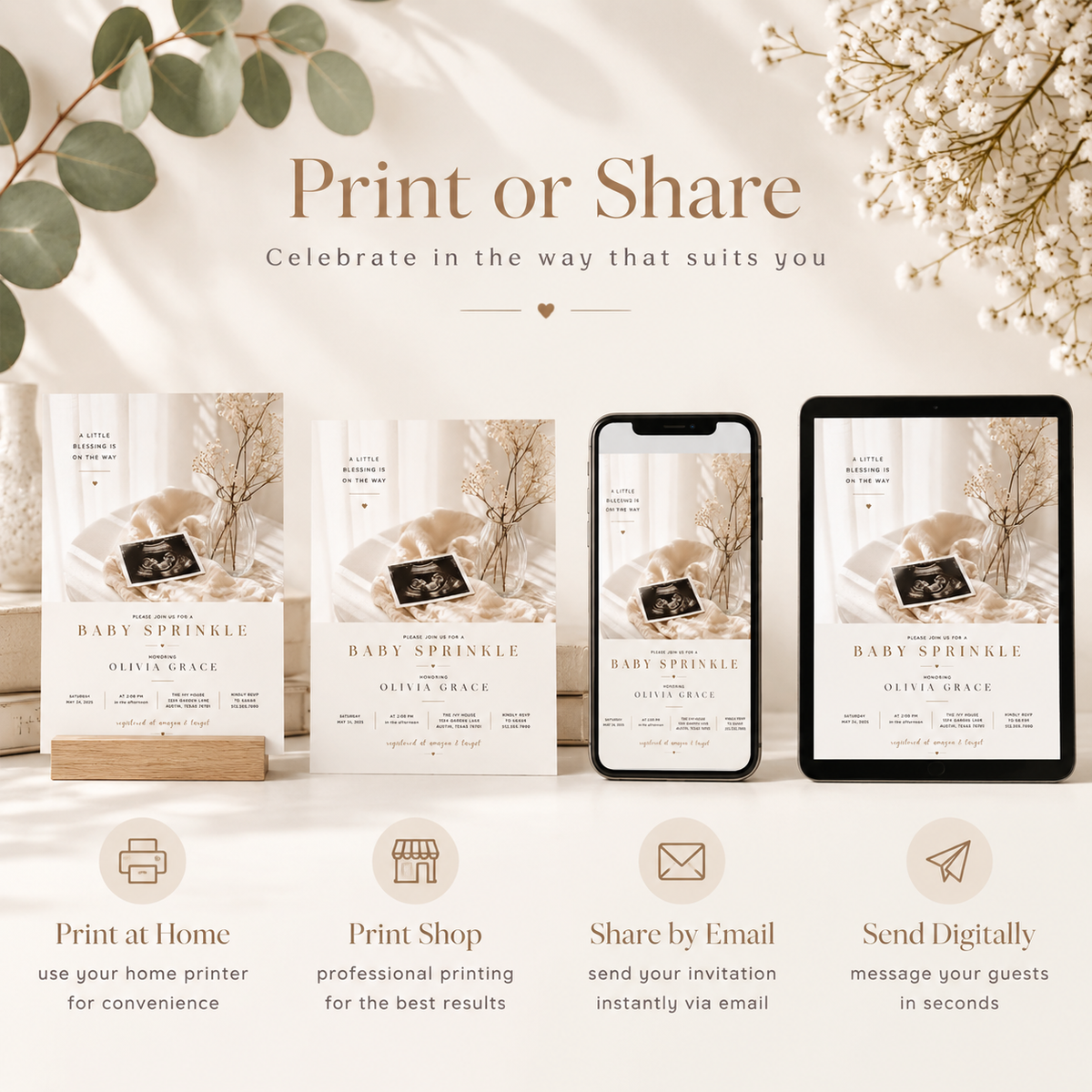 Print or Share: Baby Sprinkle Invitation Cream and Rose Gold, print at home or share digitally