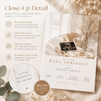 Close-up: Close-up detail of the Baby Sprinkle Invitation Cream and Rose Gold design